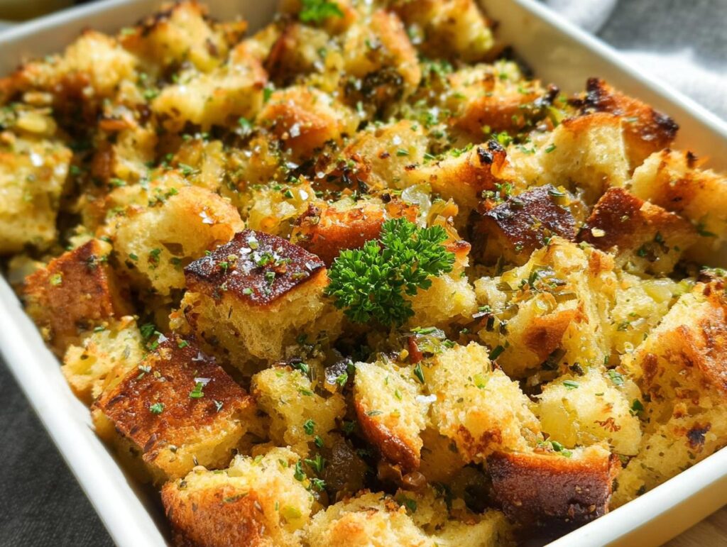 Close-up of a golden-brown 7-ingredient stuffing recipe, garnished with fresh parsley.