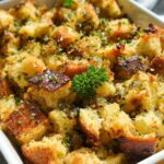 Close-up of a golden-brown 7-ingredient stuffing recipe, garnished with fresh parsley.