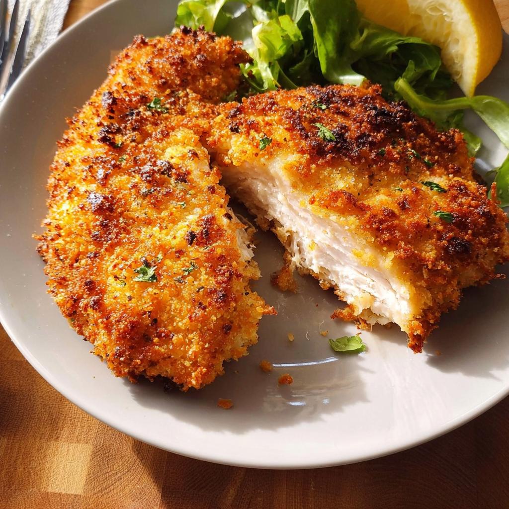 A close-up of a perfectly cooked air fryer chicken breast, golden brown and crispy, served with a side salad and lemon.