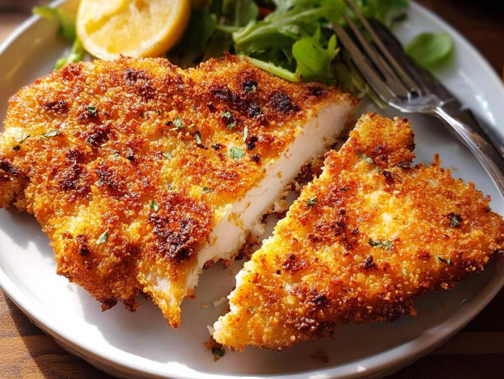 Close-up of a perfectly cooked, crispy air fryer chicken breast, cut in half, served with a lemon wedge and salad.