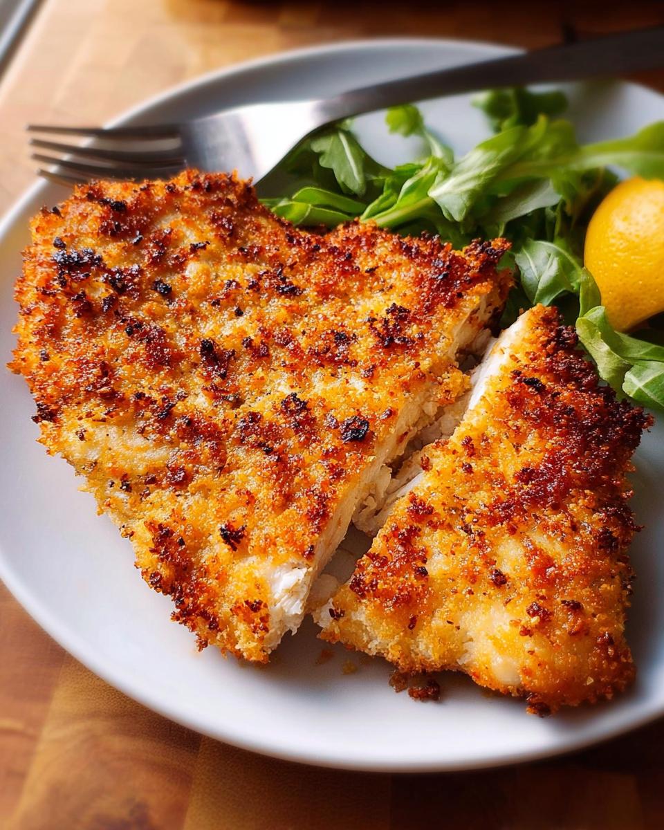 A perfectly cooked, crispy air fryer chicken breast, sliced in half, served with arugula and a lemon wedge.