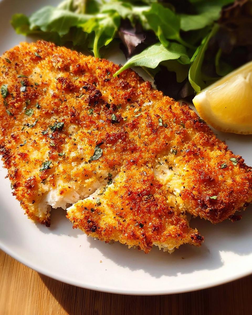 A perfectly cooked, crispy air fryer chicken breast served with a side salad and lemon wedge.