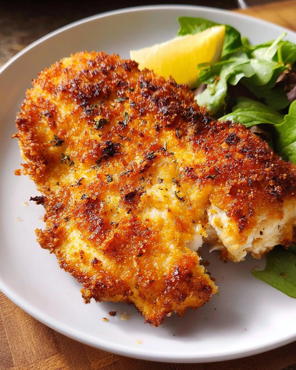 A close-up of a golden-brown air fryer chicken breast with a crispy breadcrumb coating, served with a lemon wedge and salad.