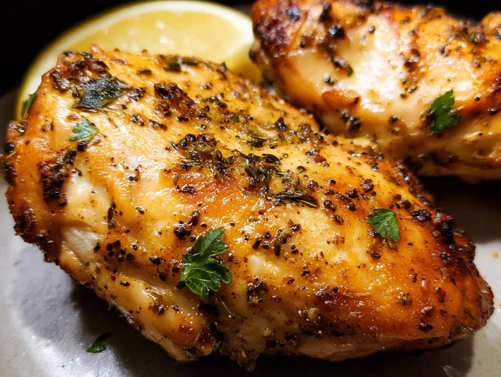 Close-up of two juicy air fryer chicken breasts seasoned with herbs and spices, served with a lemon slice.