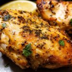 Close-up of two juicy air fryer chicken breasts seasoned with herbs and spices, served with a lemon slice.