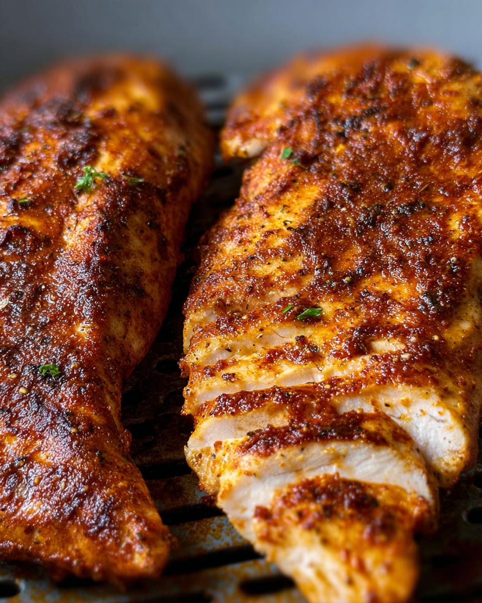 Close-up of two perfectly cooked air fryer chicken breasts, one sliced to show juicy interior, seasoned with a reddish-brown spice blend.