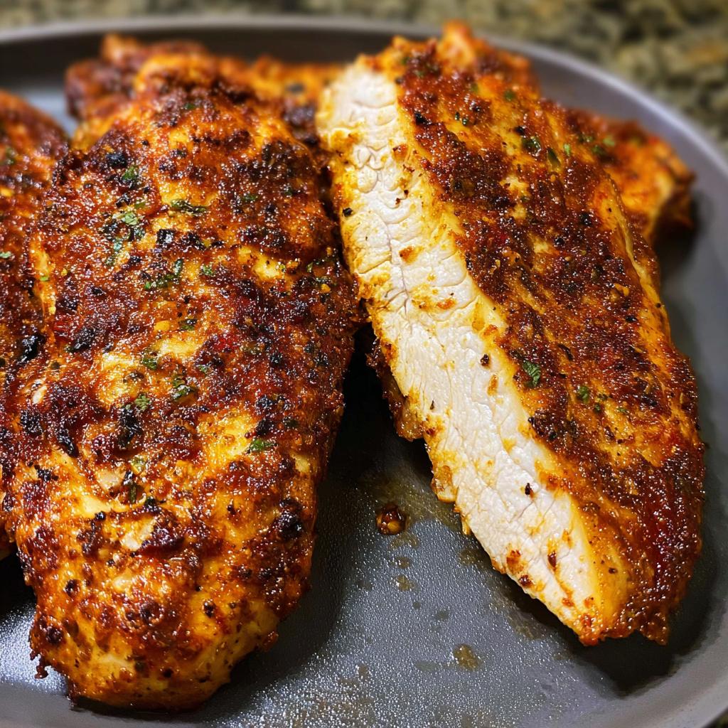 Close-up of perfectly cooked air fryer chicken breast, seasoned and juicy, with one piece sliced to show tender interior.