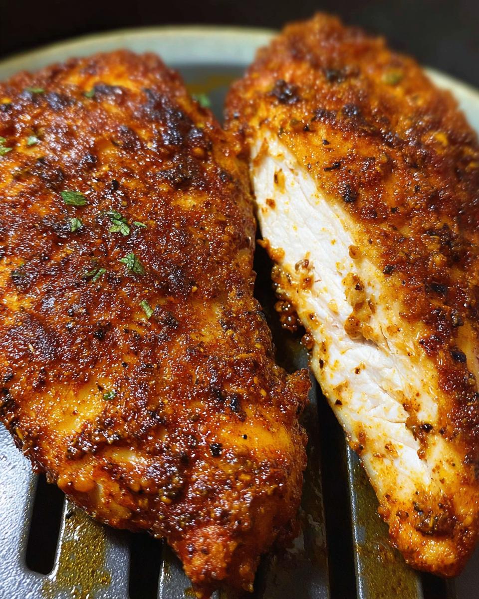 Close-up of a perfectly cooked air fryer chicken breast, seasoned and juicy, cut in half to show the white, tender meat.