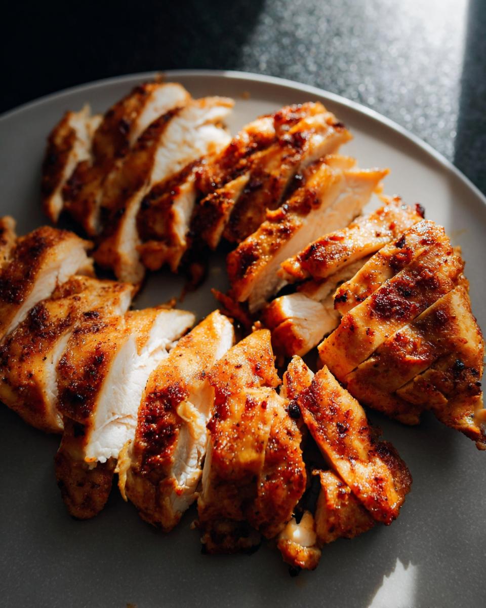 Close-up of sliced, seasoned air fryer chicken breast on a gray plate, showcasing its crispy texture.