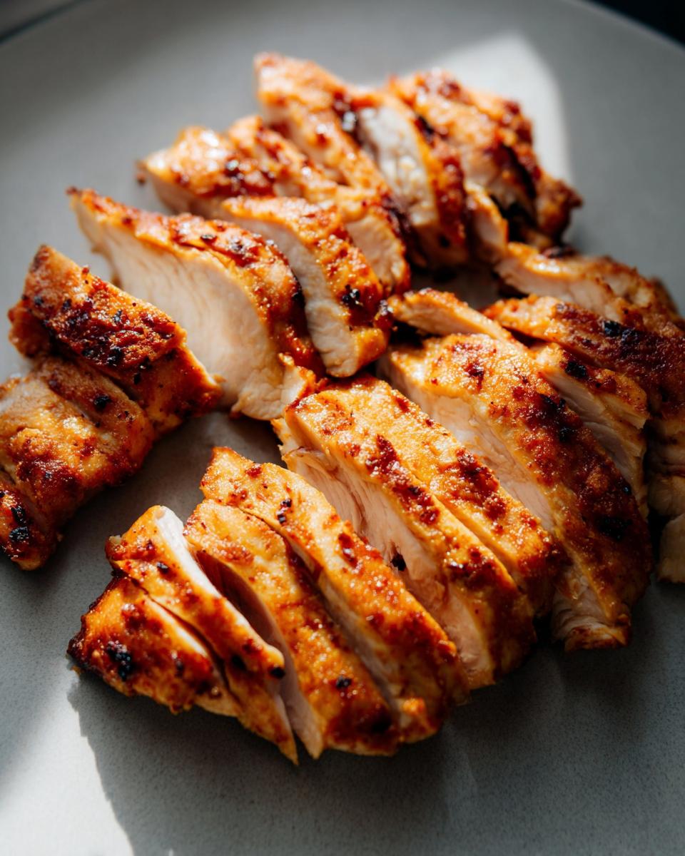 Close-up of sliced, juicy air fryer chicken breast with a golden-brown, crispy exterior.