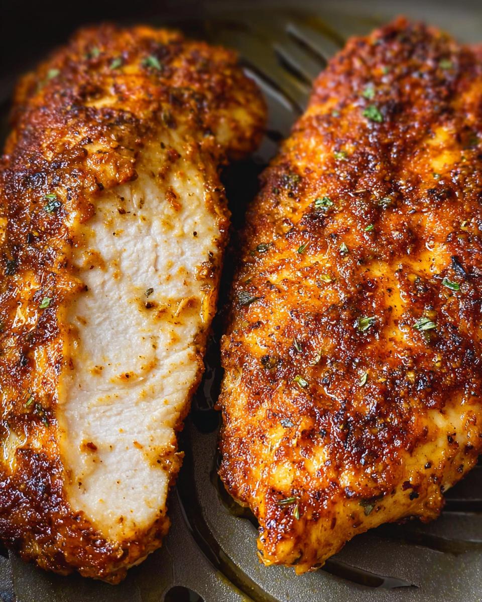 Close-up of two perfectly cooked air fryer chicken breasts, one sliced to show juicy interior.