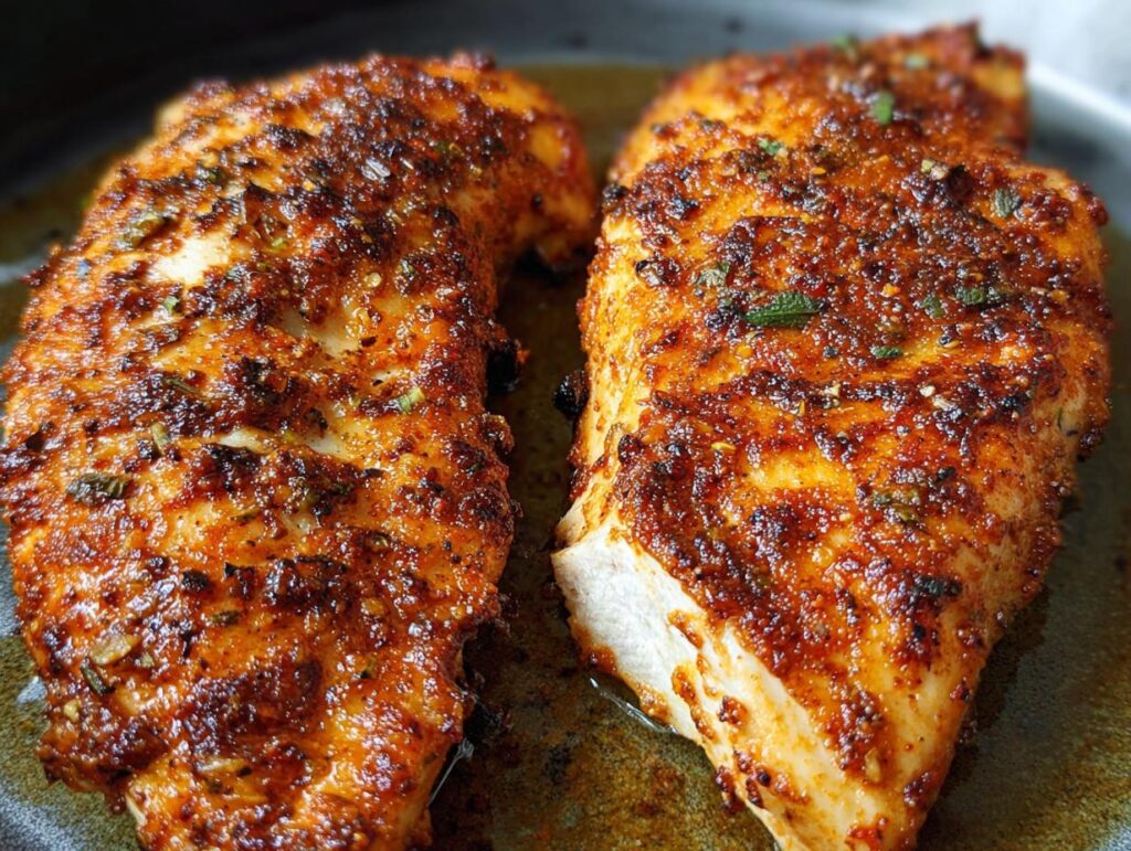 Close-up of two perfectly cooked air fryer chicken breasts with a flavorful spice rub.
