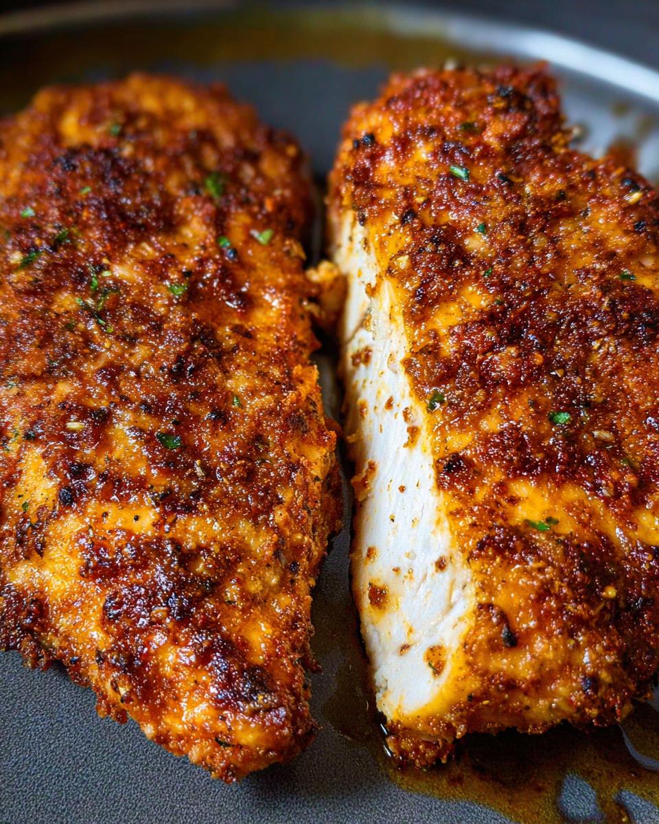 Close-up of two perfectly cooked air fryer chicken breasts, one sliced to show its juicy interior.