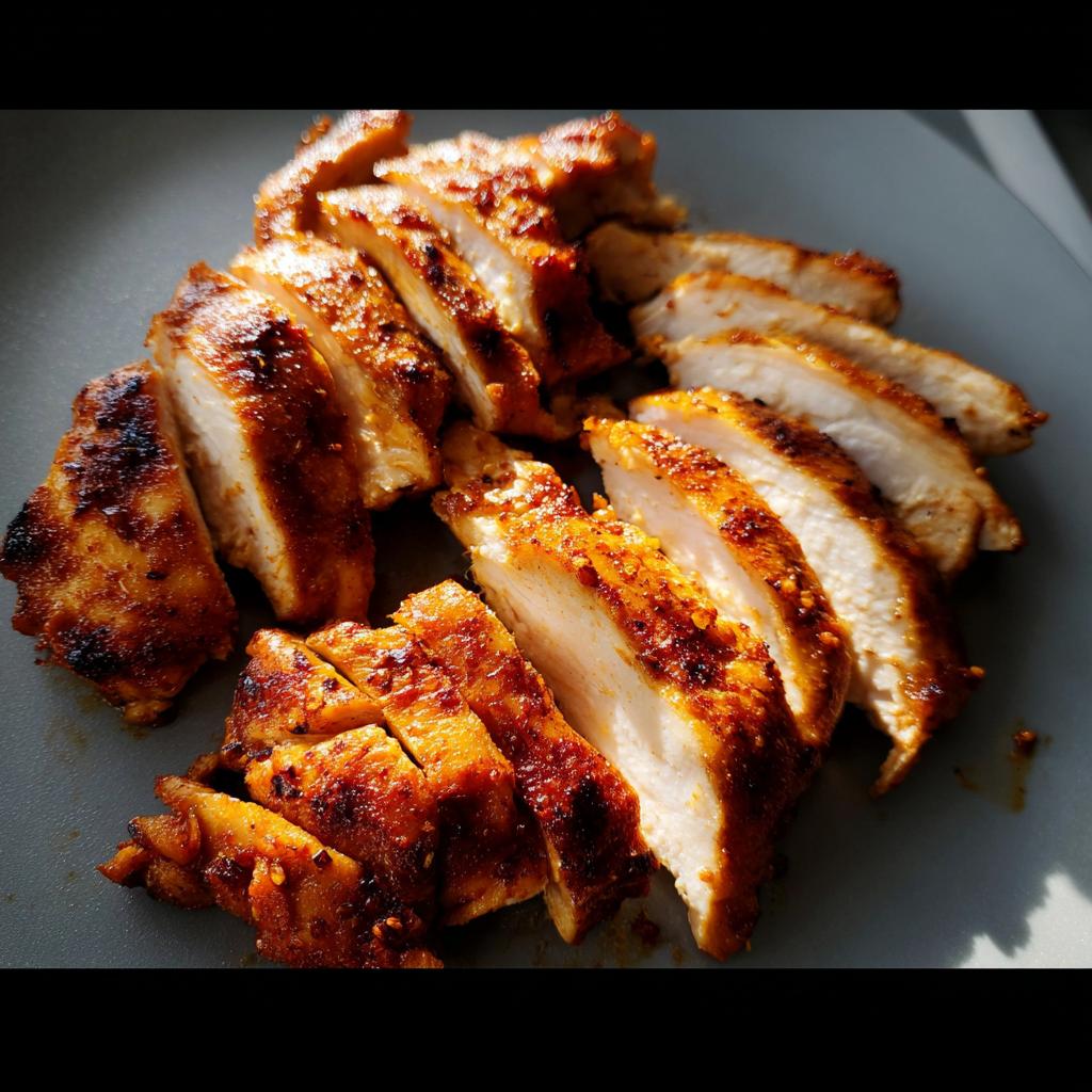 Close-up of perfectly cooked, sliced air fryer chicken breast with a golden-brown, seasoned crust.