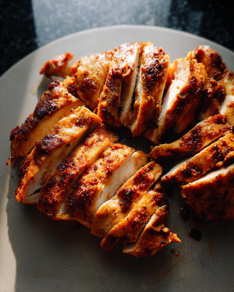 Close-up of perfectly cooked, sliced air fryer chicken breast with a golden-brown, seasoned crust.