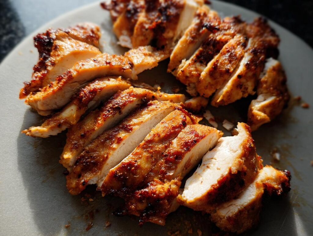 Close-up of perfectly cooked, sliced air fryer chicken with a golden-brown, seasoned crust.