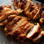 Close-up of perfectly cooked, sliced air fryer chicken with a golden-brown, seasoned crust.