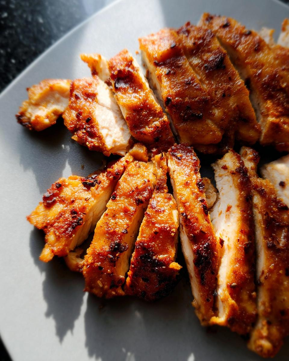 Close-up of sliced, crispy air fryer chicken breast with a golden-brown seasoned crust.