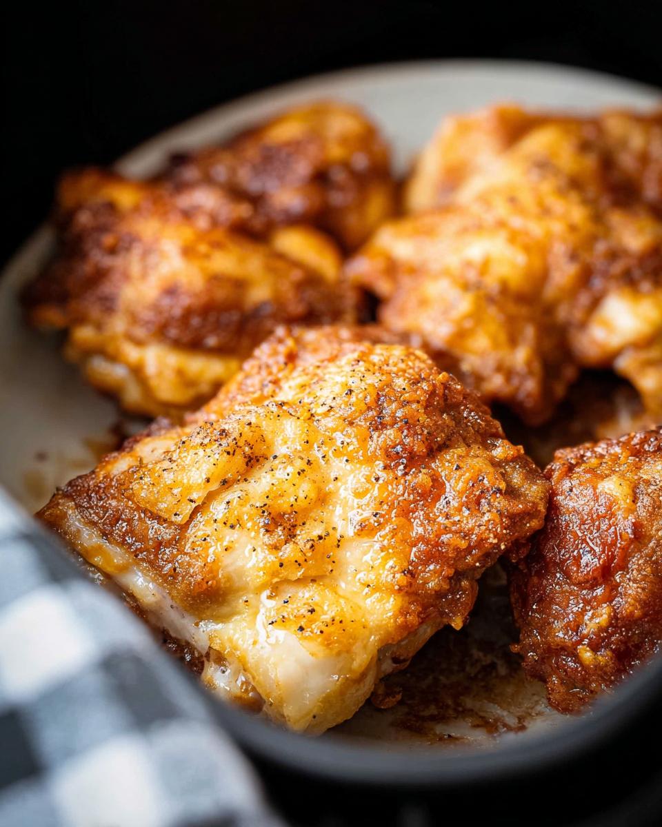 Close-up of juicy, golden-brown air fryer chicken thighs seasoned with pepper.