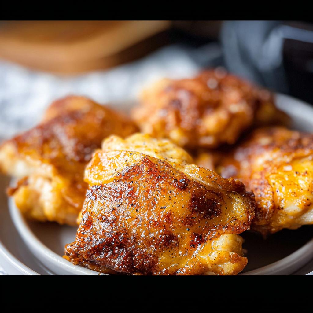 Close-up of golden-brown, crispy air fryer chicken thighs seasoned with pepper.