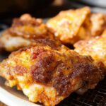 Close-up of golden-brown, crispy air fryer chicken thighs seasoned with spices, ready to serve.