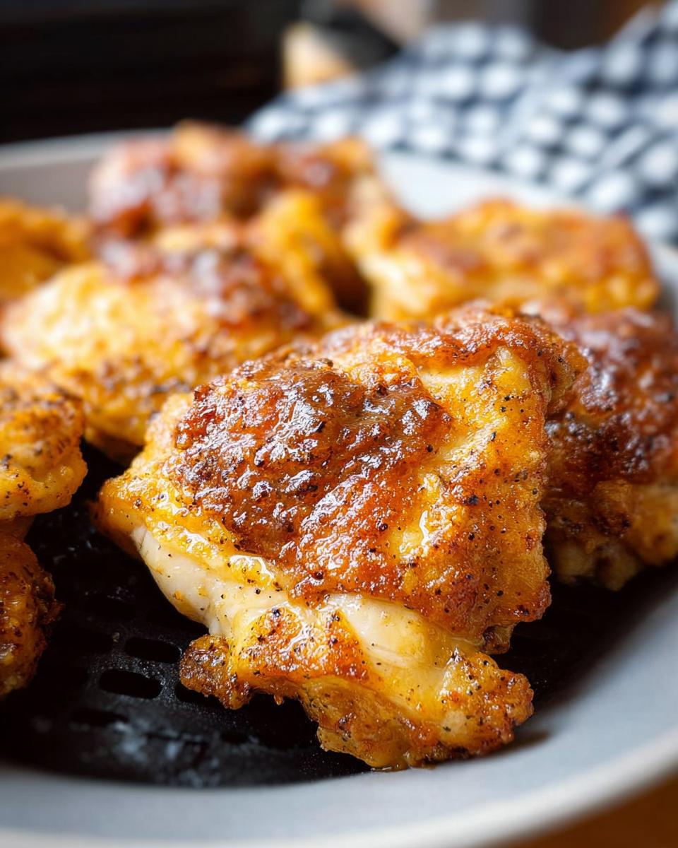 Close-up of seasoned, crispy air fryer chicken thighs on a plate.