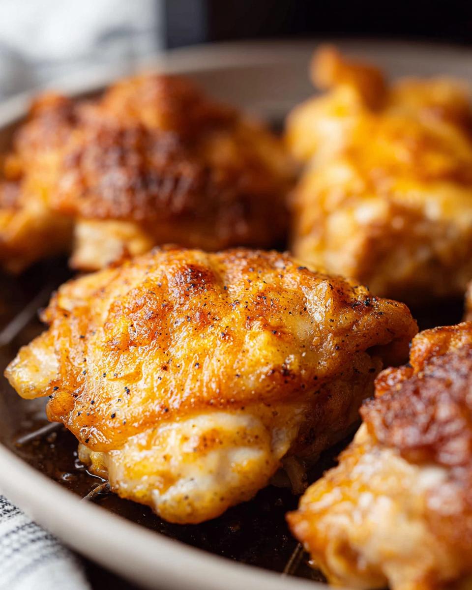 Close-up of golden-brown, crispy air fryer chicken thighs seasoned with pepper.