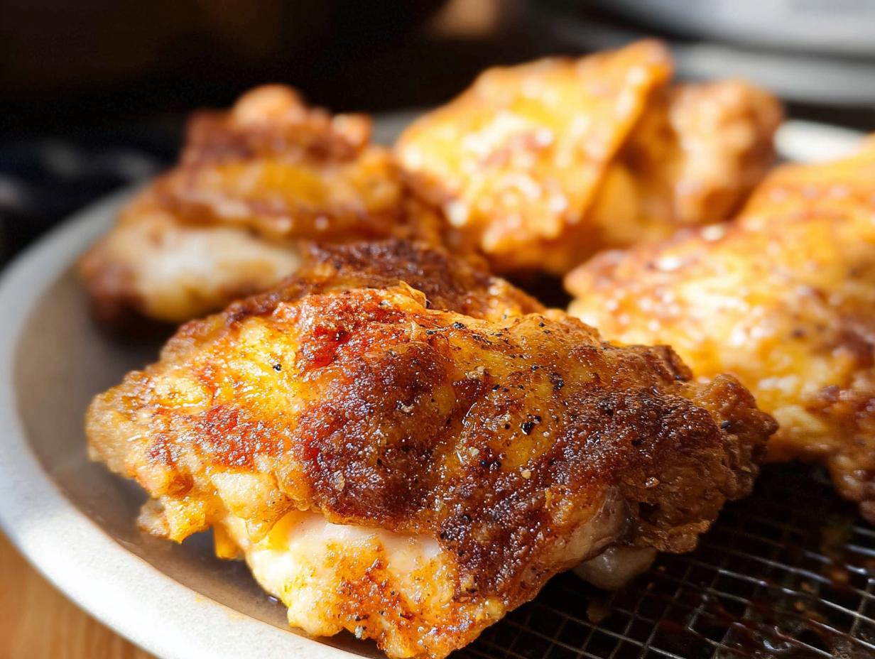Close-up of golden-brown, crispy air fryer chicken thighs seasoned with spices, ready to serve.