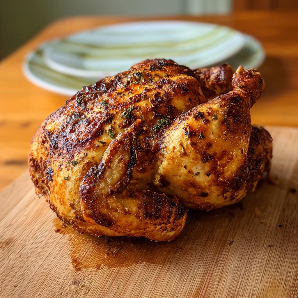 A whole, golden-brown air fryer chicken seasoned with herbs, resting on a wooden cutting board.
