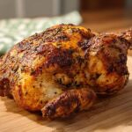 A whole, golden-brown air fryer chicken seasoned with herbs, resting on a wooden cutting board.
