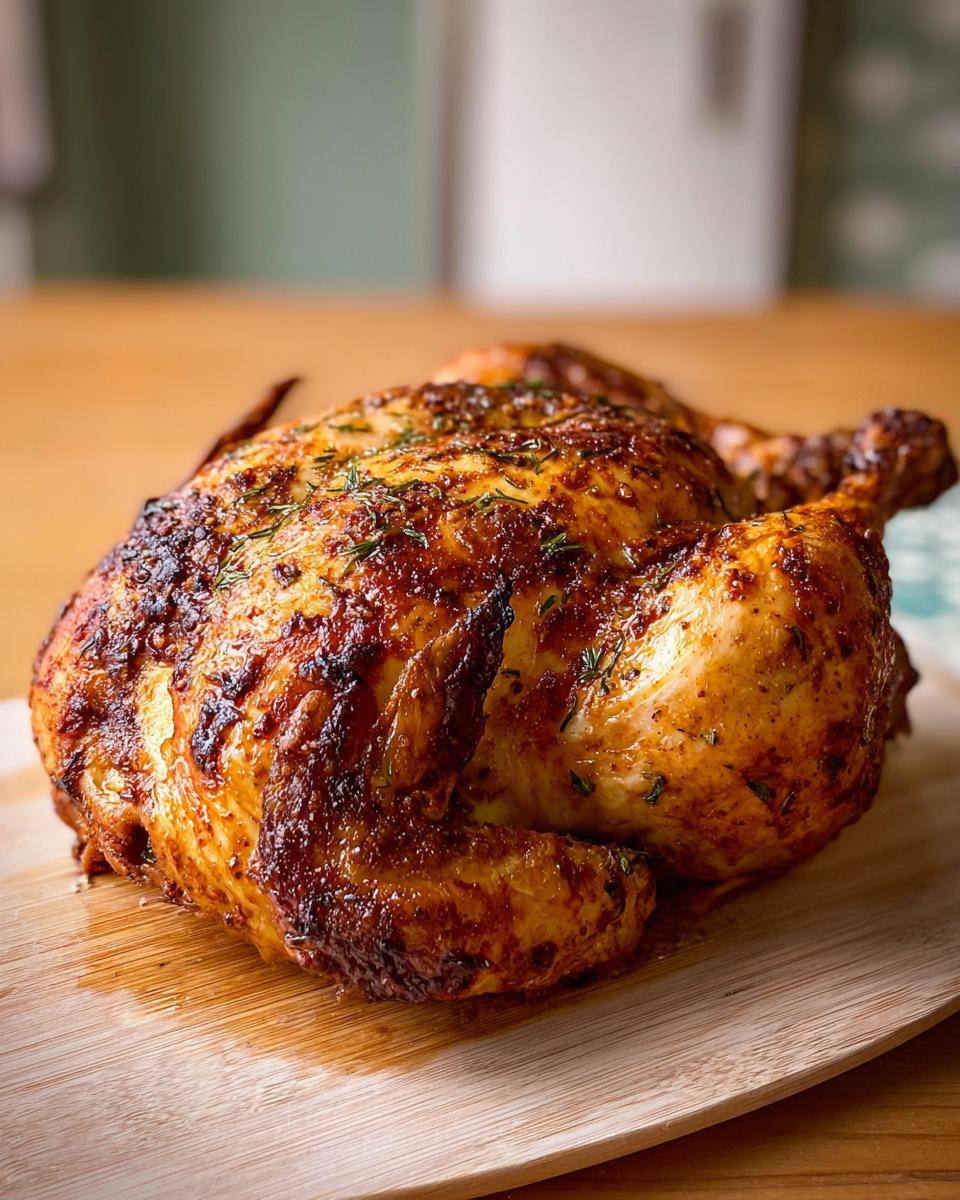 A perfectly roasted whole chicken cooked in an air fryer, seasoned with herbs and spices, on a wooden board.