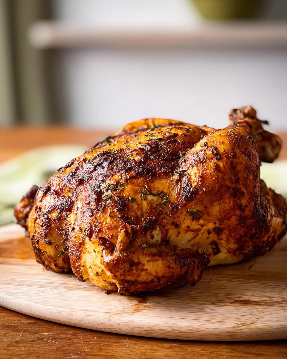 A perfectly roasted whole chicken cooked in an air fryer, seasoned with herbs, on a wooden cutting board.