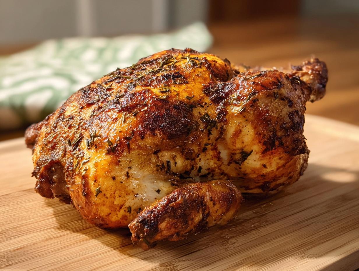 A whole, golden-brown air fryer chicken seasoned with herbs, resting on a wooden cutting board.