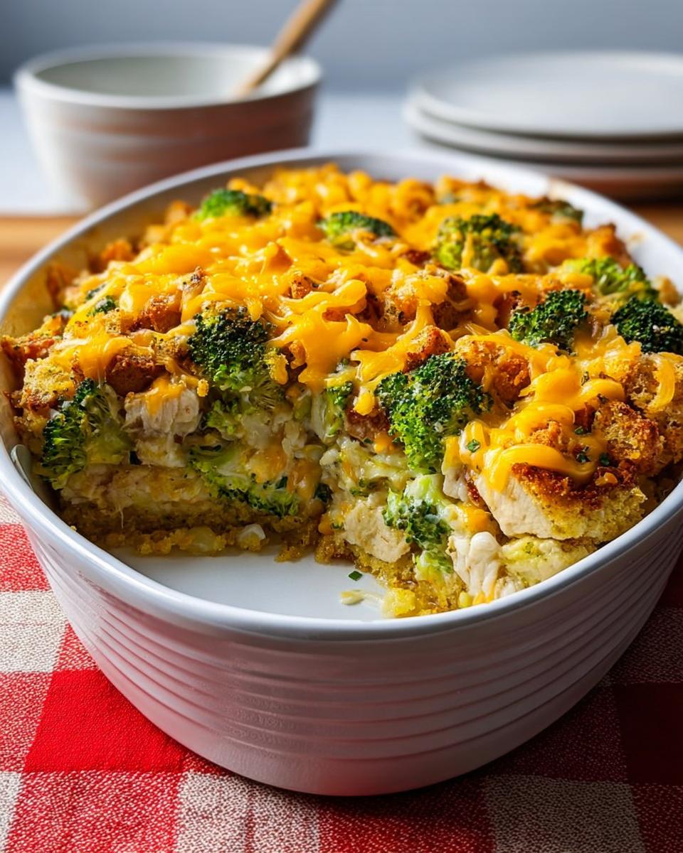 A delicious chicken and broccoli casserole with melted cheddar cheese and breadcrumbs, ready to serve.