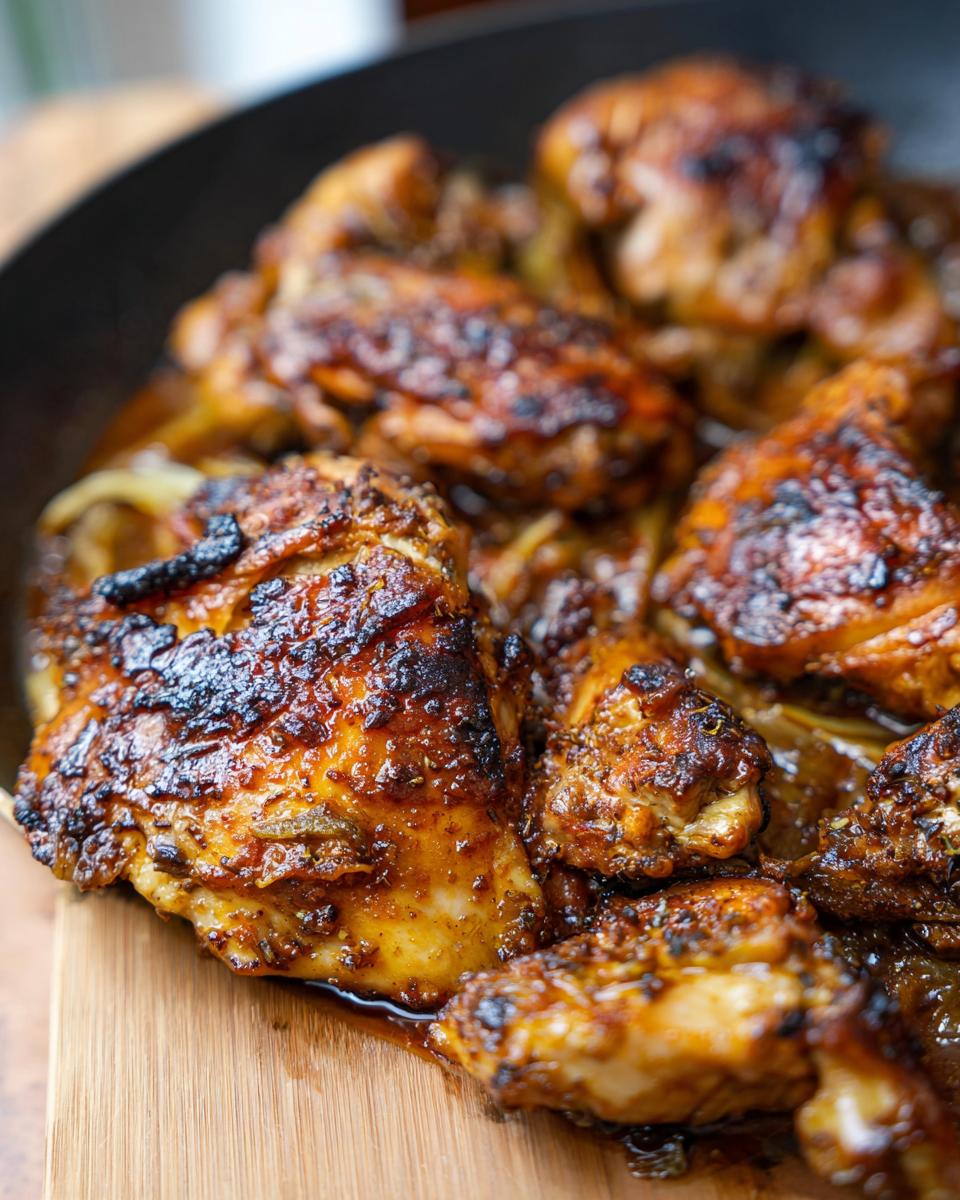 Close-up of juicy, glazed chicken pieces in a pan, part of The Only Chicken Recipes Recipe You’ll Need.