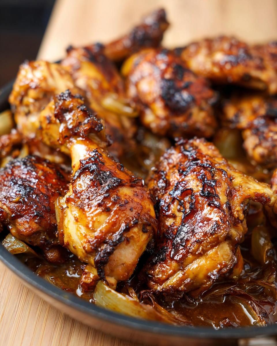 Close-up of glazed chicken drumsticks and thighs with caramelized onions, part of the only chicken recipes you'll need.
