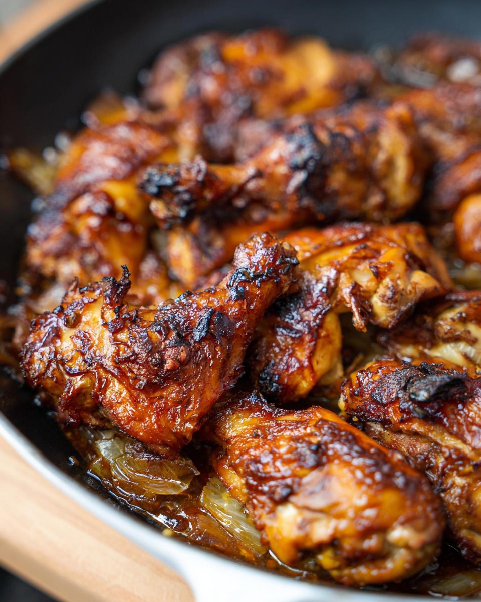 Close-up of glazed chicken drumsticks cooked in a pan with onions, part of the best chicken recipes.
