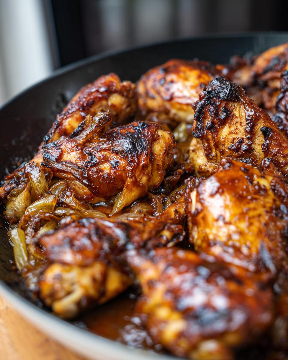 Close-up of glazed chicken drumsticks and thighs cooked with onions in a skillet, part of The Only Chicken Recipes Recipe You’ll Need.