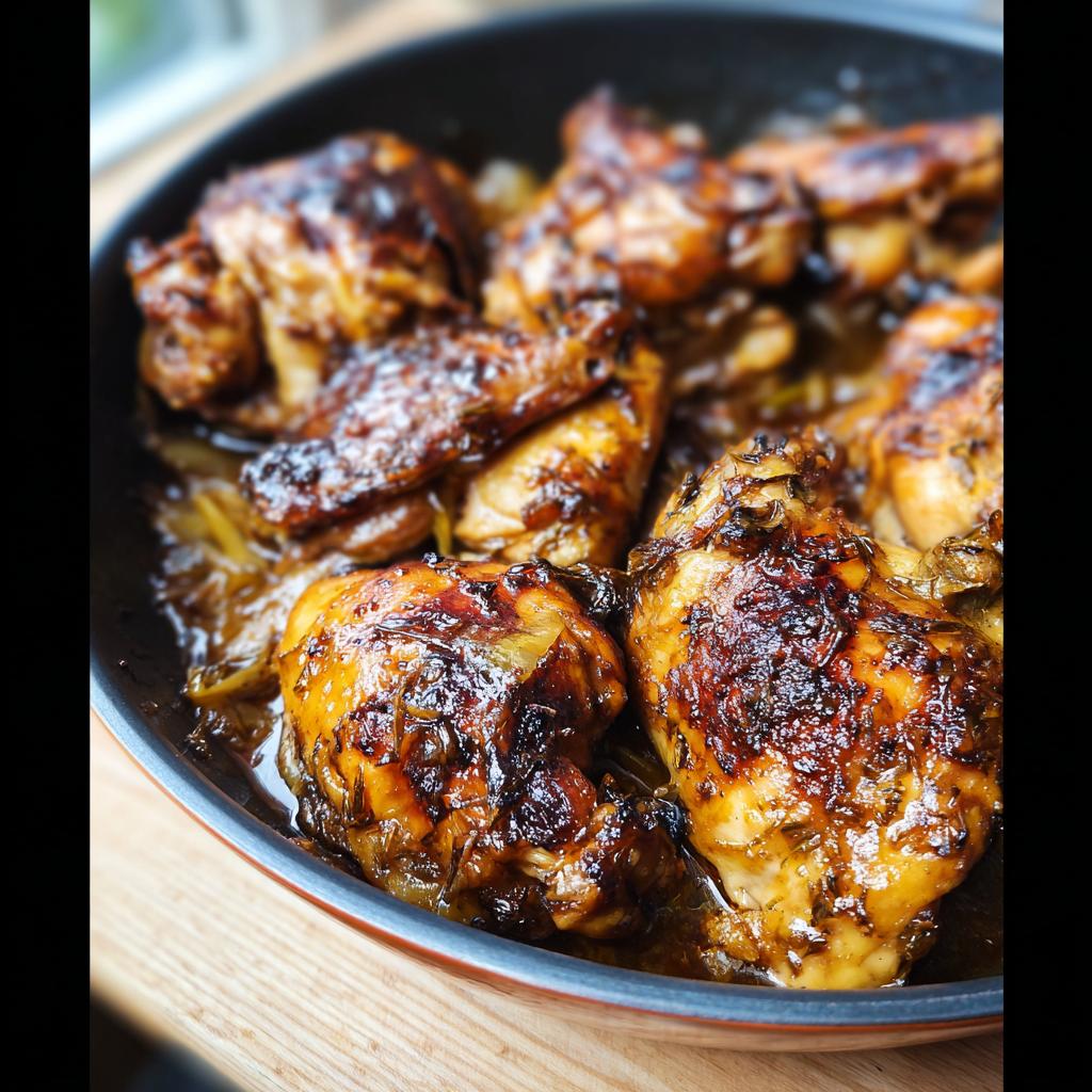 Close-up of a pan of glazed chicken pieces, glistening and browned, part of our amazing chicken recipes.