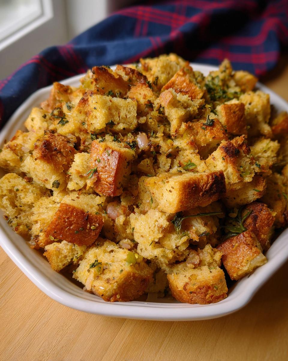 A close-up of a white bowl filled with homemade stuffing, featuring toasted bread cubes, herbs, and onions.
