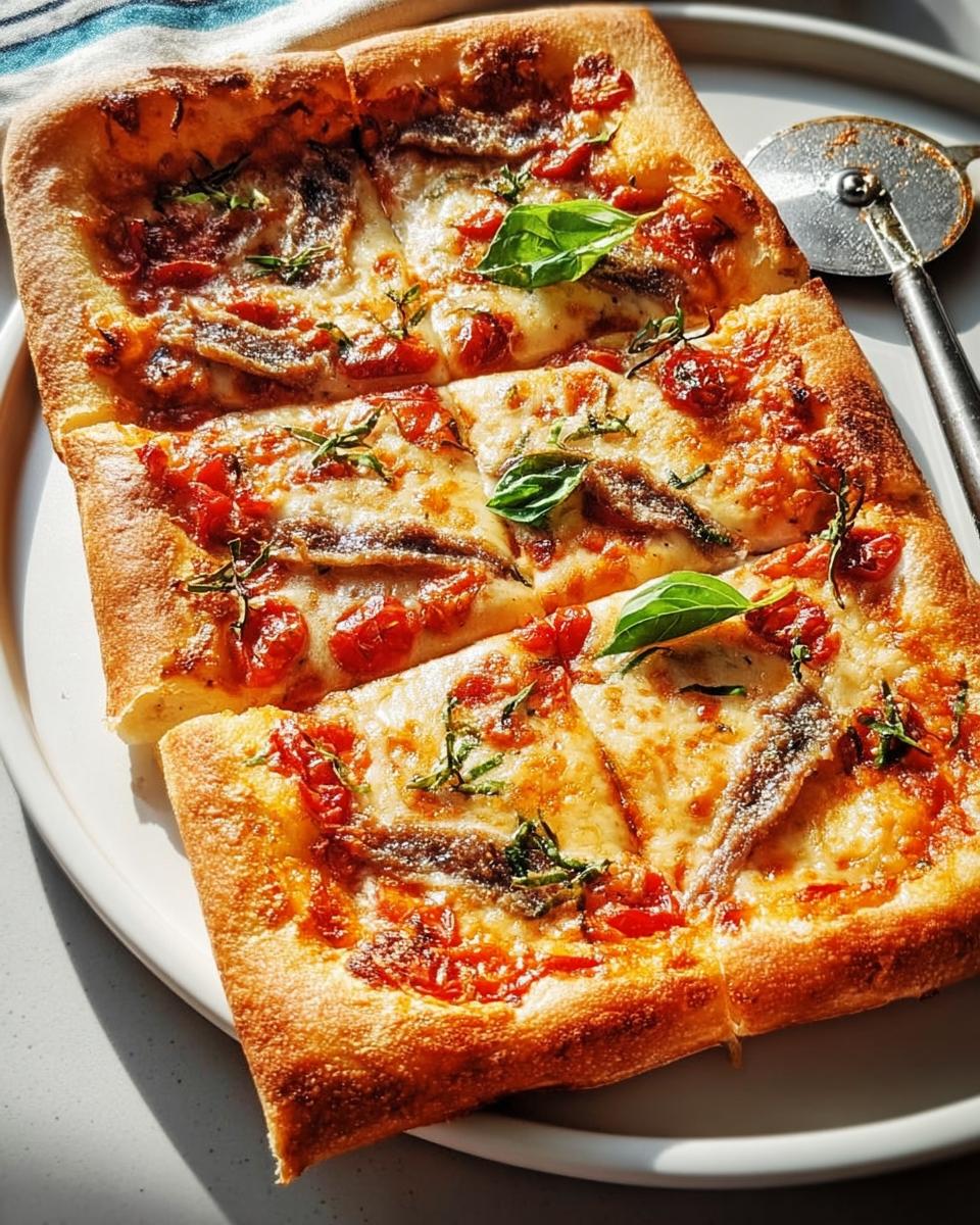 A rectangular anchovy pizza with cherry tomatoes and basil, perfect for quick Pizza Night Recipes.