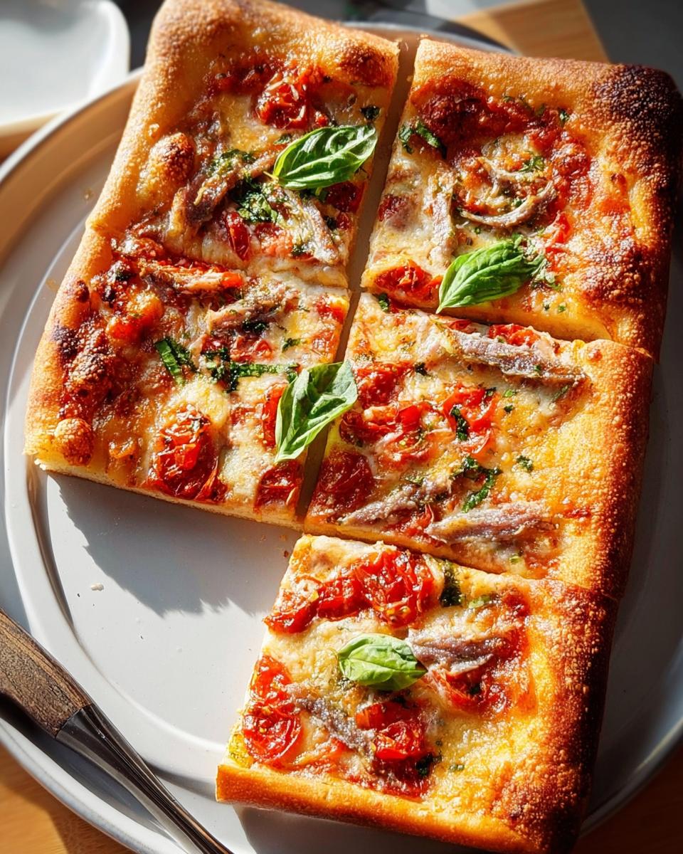 A rectangular pizza topped with tomatoes, anchovies, cheese, and basil, perfect for Pizza Night Recipes.