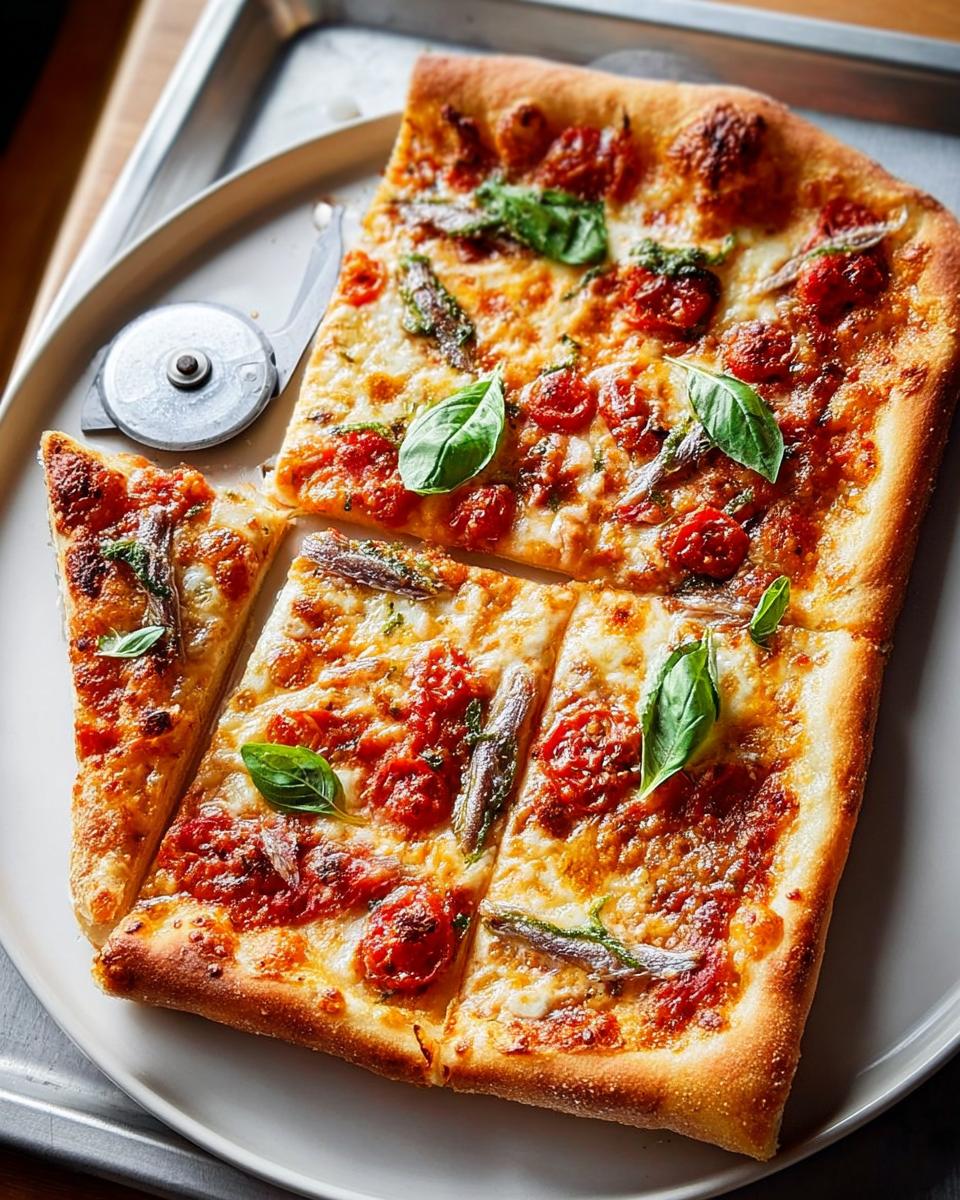 Close-up of a rectangular pizza with tomato sauce, melted cheese, anchovies, and basil, perfect for Pizza Night Recipes.