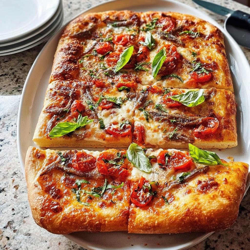 Close-up of a rectangular pizza topped with cherry tomatoes, anchovies, mozzarella, and fresh basil, perfect for Pizza Night Recipes.