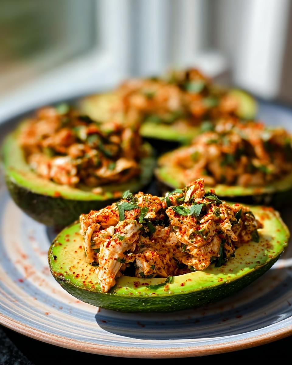 Four halves of avocado stuffed with a seasoned chicken salad mixture, sprinkled with herbs and paprika. A quick and healthy sandwich idea.