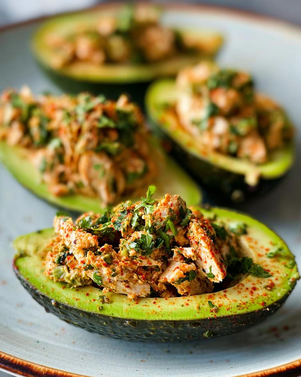 Close-up of avocado halves stuffed with a savory chicken salad mixture, sprinkled with herbs and paprika. A quick sandwich idea.