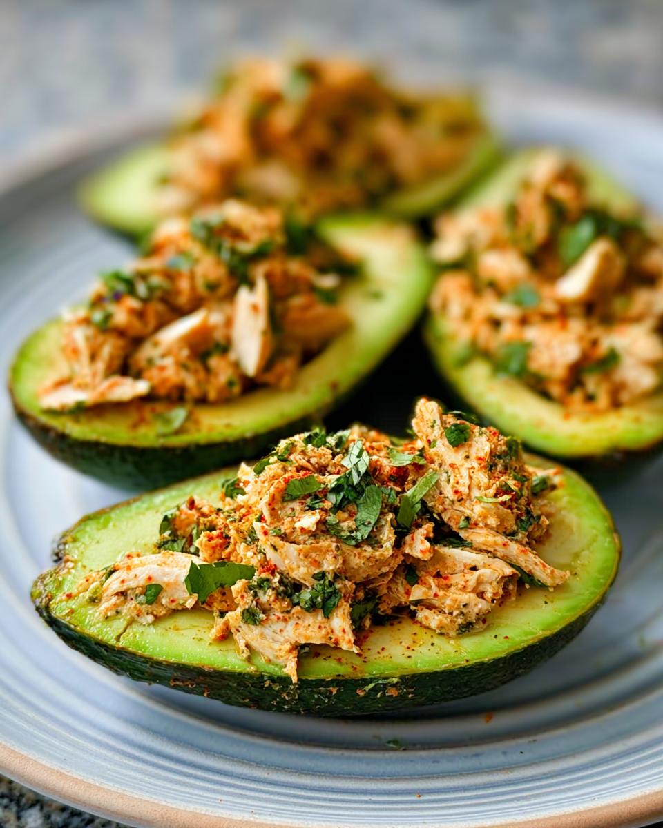Close-up of avocado halves stuffed with shredded chicken salad, a quick and healthy sandwich idea.