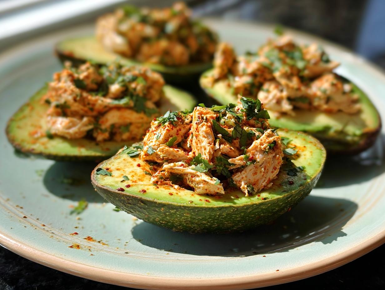 Close-up of avocado halves stuffed with seasoned chicken salad and fresh cilantro, part of our Sandwich Ideas Recipes.