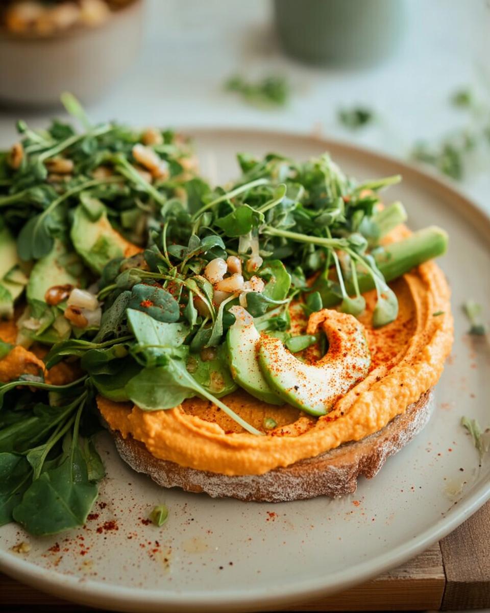 Avocado hummus toast topped with fresh greens and sprinkled with paprika, a perfect easy dinner recipe.