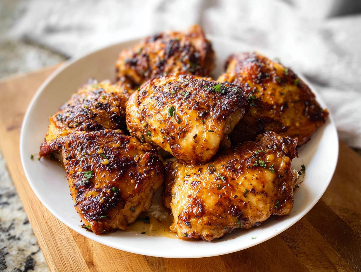 A plate of perfectly baked chicken thigh recipes, glistening with a savory glaze and sprinkled with fresh herbs.